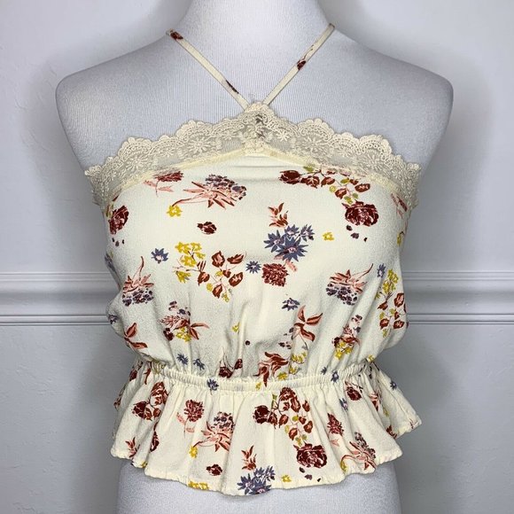 Kendall & Kylie Tops - Kendall and Kylie Cream Floral Lace Halter Tank Crop Top S Ruffle Hem Racerback